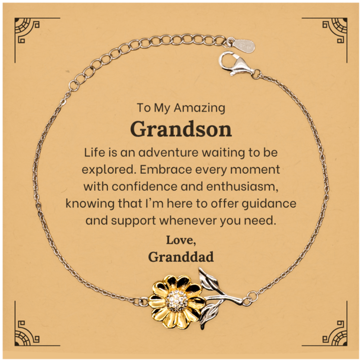 Image 1: Sterling silver sunflower bracelet gift for grandson, symbolizing happiness and joy.
