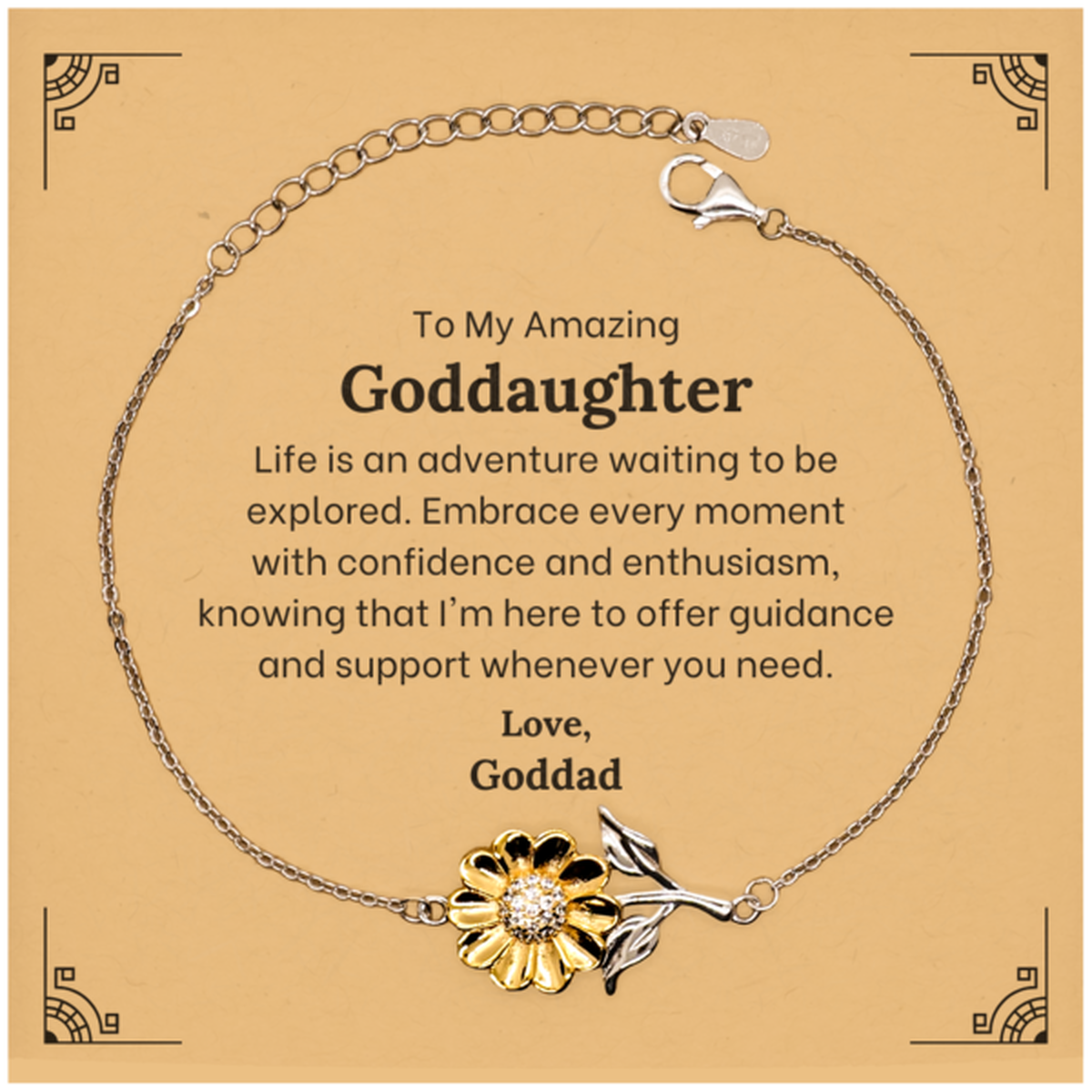 Meaningful sunflower bracelet for goddaughter, gold plated sterling silver gift.