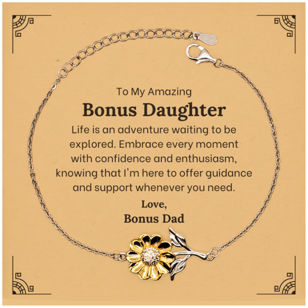 Stunning Bonus Daughter Sunflower Bracelet. Gold-plated sterling silver gift for her.