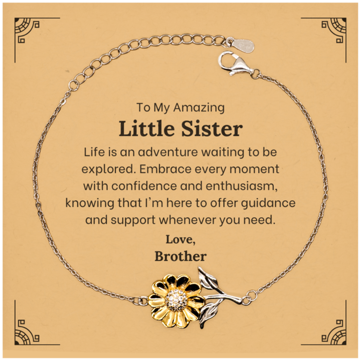 Gold-plated sunflower bracelet for little sister. Sterling silver jewelry gift symbolizing happiness.