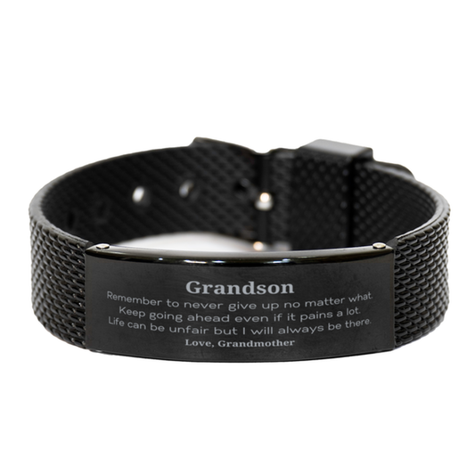 Black engraved stainless steel shark mesh bracelet for grandson, motivational gift for him.