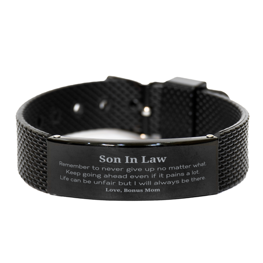 Inspirational black engraved stainless steel mesh bracelet gift for Son In Law.
