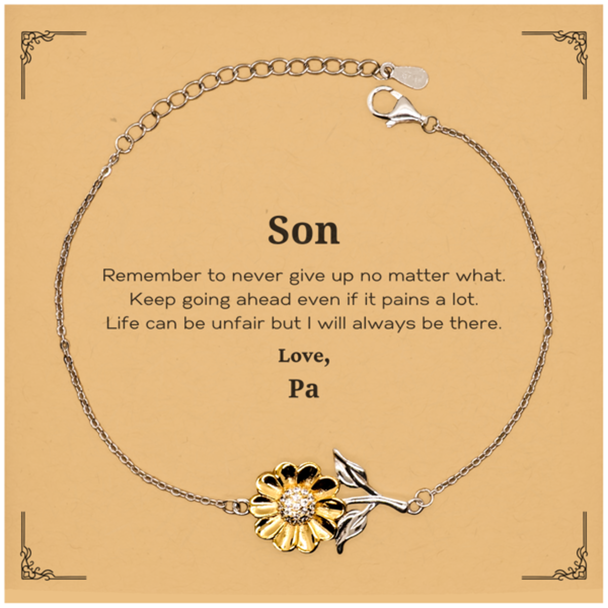 Beautiful gold sunflower bracelet gift for son, sterling silver motivational jewelry.
