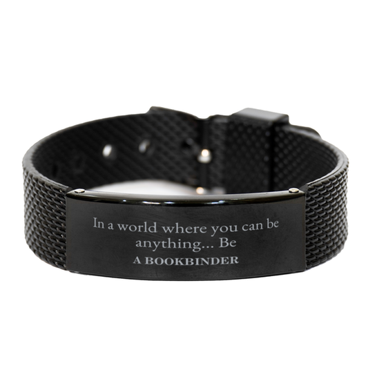 Black engraved stainless steel mesh bracelet gift for Bookbinder. Durable men's and women's accessory.