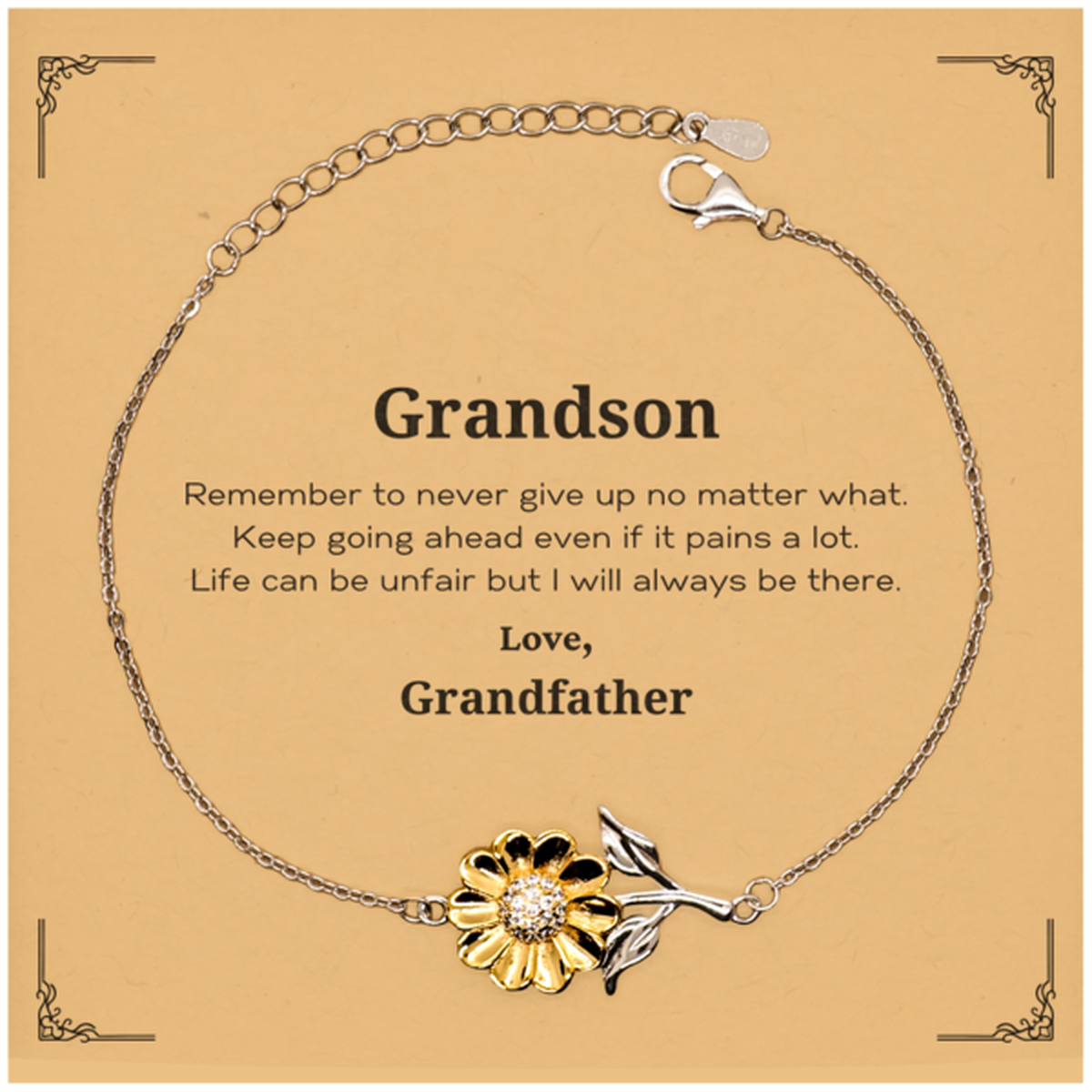 Inspirational sunflower bracelet for grandson, gold plated sterling silver gift from grandpa.