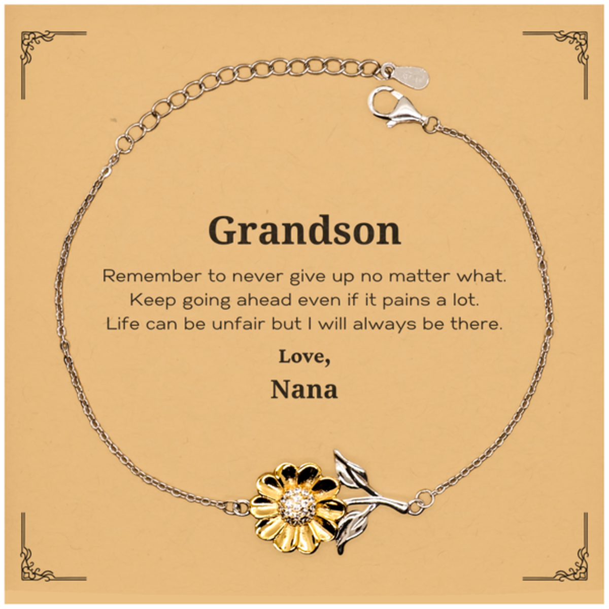 Inspirational sunflower bracelet for grandson, gold plated sterling silver gift from Nana.