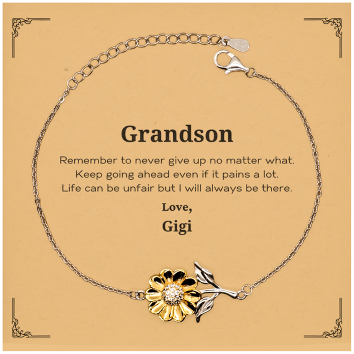 Inspirational sunflower bracelet for grandson, gold plated sterling silver motivational gift.