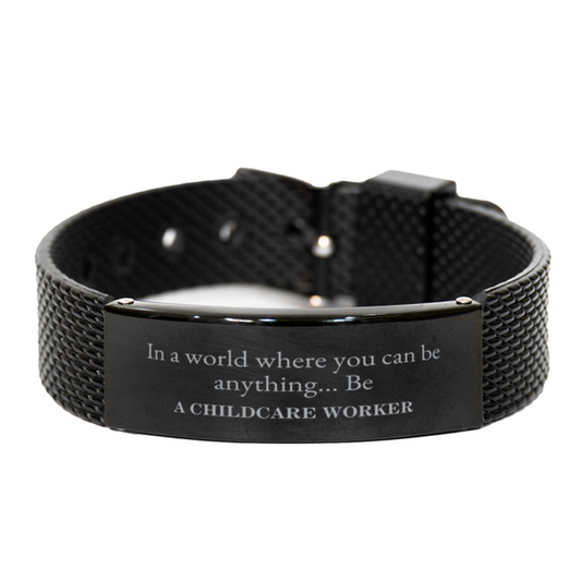 Engraved black shark mesh bracelet gift for childcare workers and appreciation.