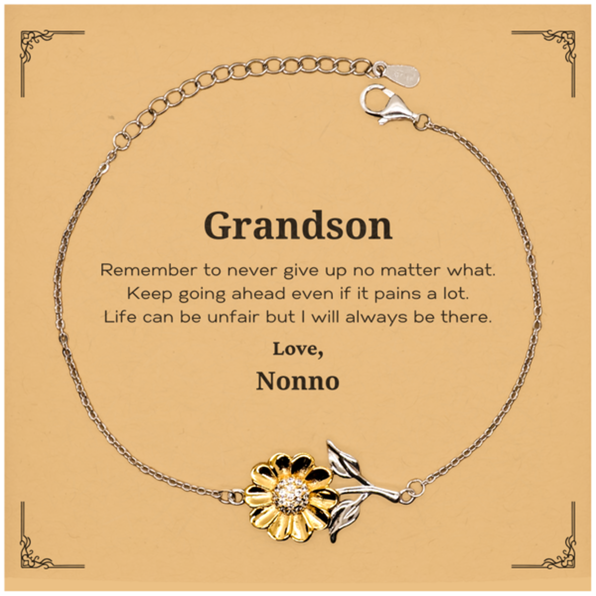 Close-up view of the inspirational sunflower bracelet for grandson, gold-plated sterling silver gift.
