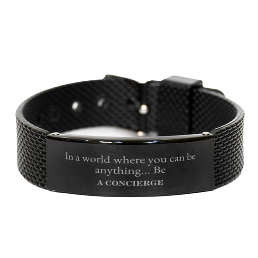 Black engraved stainless steel mesh bracelet gift for Concierge, ideal men's and women's accessory.