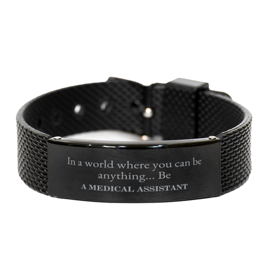 Black engraved shark mesh bracelet gift for Medical Assistant appreciation.