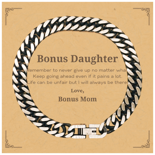 Stylish stainless steel Cuban link bracelet gift for bonus daughter. Motivational keepsake jewelry.