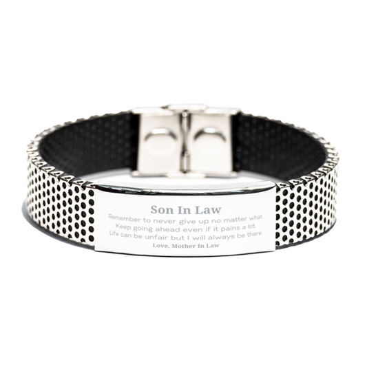 Inspirational stainless steel bracelet for Son In Law, engraved motivational gift.