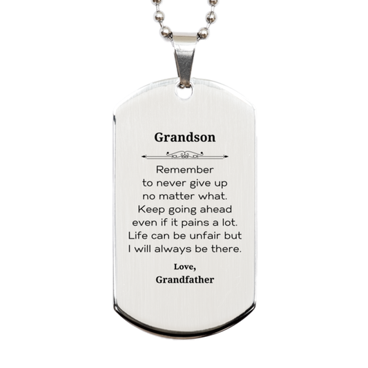 Grandson motivational silver dog tag necklace gift, engraved inspirational keepsake for him.