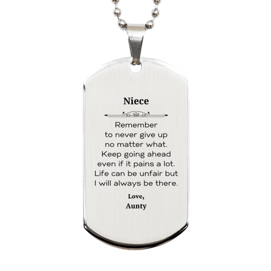 Inspirational silver dog tag necklace gift for niece, engraved with motivational message.