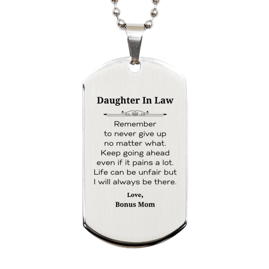 Inspirational silver dog tag necklace for Daughter In Law, engraved motivational gift.