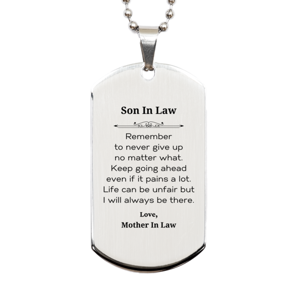 Motivational Son In Law Dog Tag Necklace. Stainless steel inspirational gift for him.