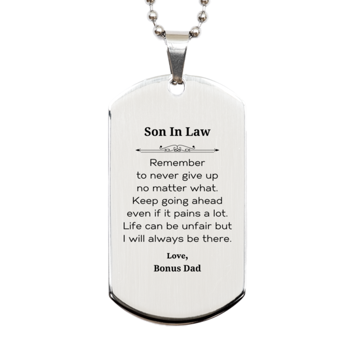 Inspirational silver dog tag necklace gift for son in law. Stainless steel motivational keepsake.