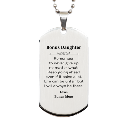 Inspirational silver dog tag necklace for bonus daughter, engraved motivational gift.