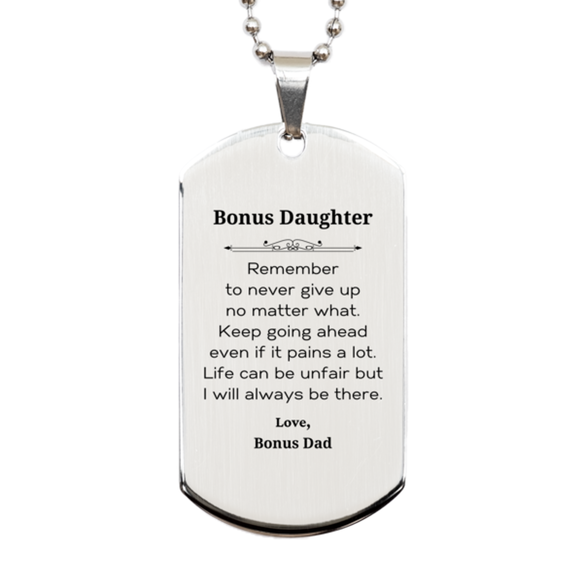 Bonus Daughter silver dog tag necklace gift. Inspirational stainless steel jewelry with engraving.