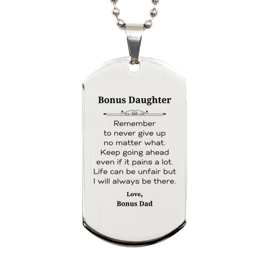Bonus Daughter silver dog tag necklace gift. Inspirational stainless steel jewelry with engraving.