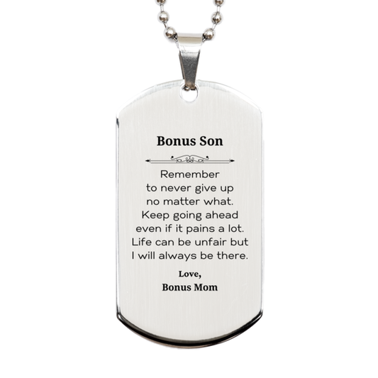 bonus son motivational gifts from bonus mom remember to never give up no matter what inspirational birthday silver dog tag for bonus son