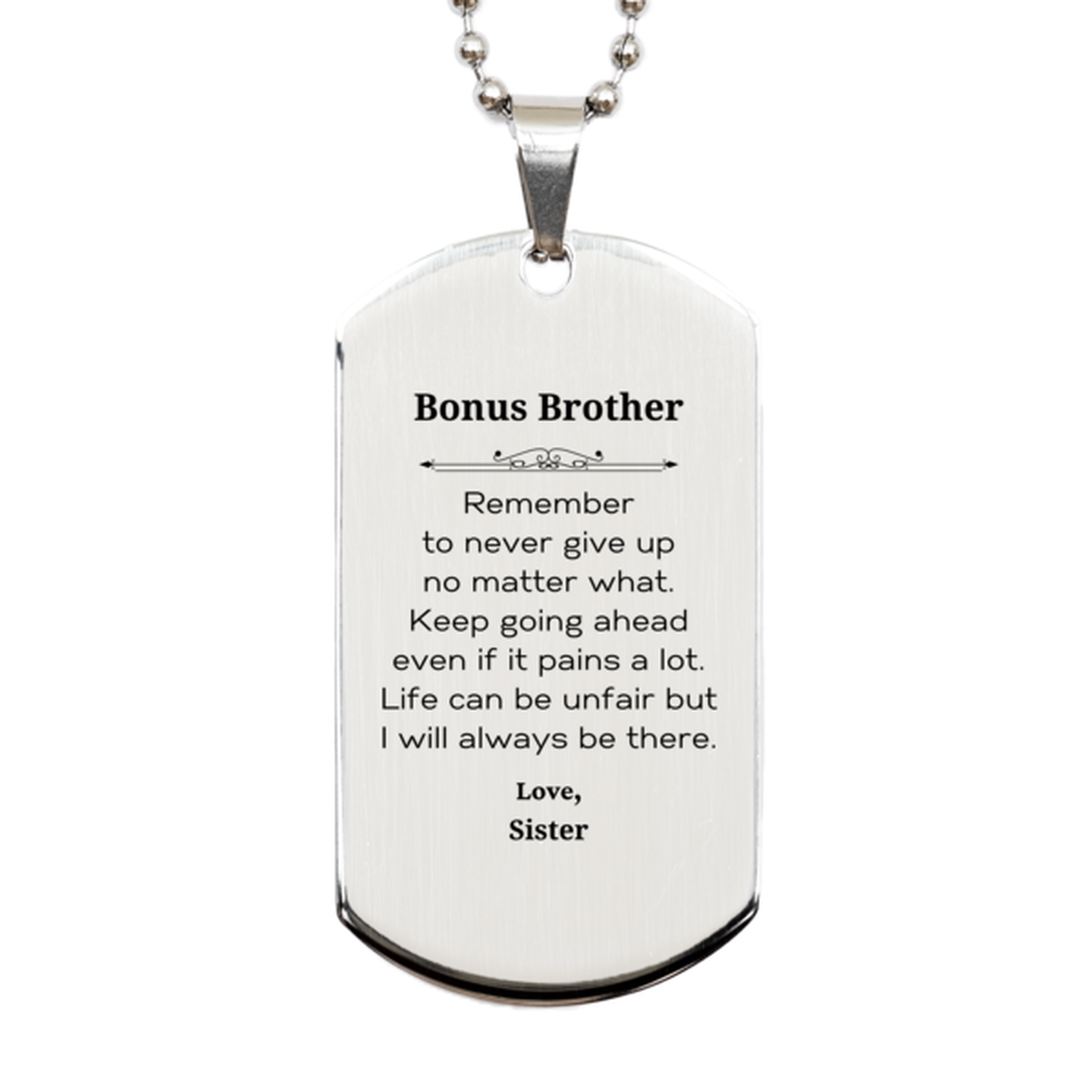 Inspirational silver dog tag necklace for bonus brother. Stainless steel motivational gift (Image 1).