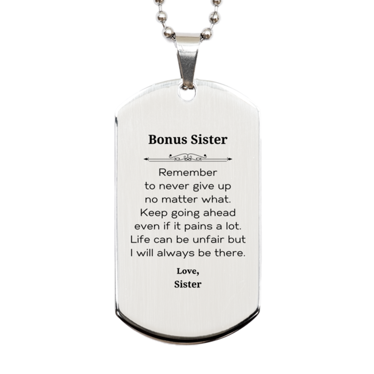 Silver dog tag necklace for Bonus Sister. Inspirational stainless steel gift with engraved message.