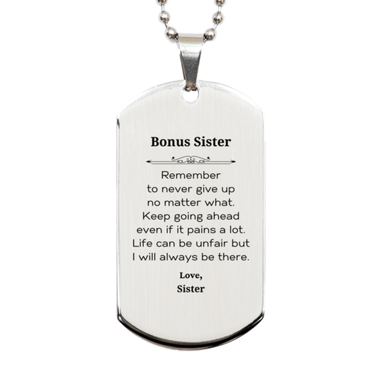Silver dog tag necklace for Bonus Sister. Inspirational stainless steel gift with engraved message.