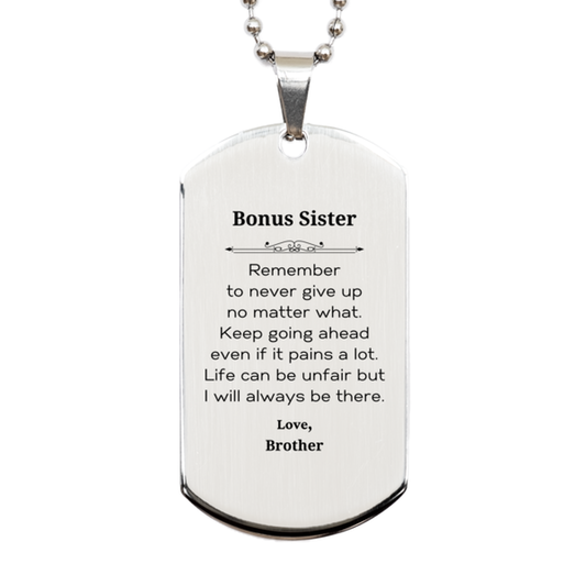 Inspirational silver dog tag necklace for bonus sister, engraved stainless steel motivational gift.